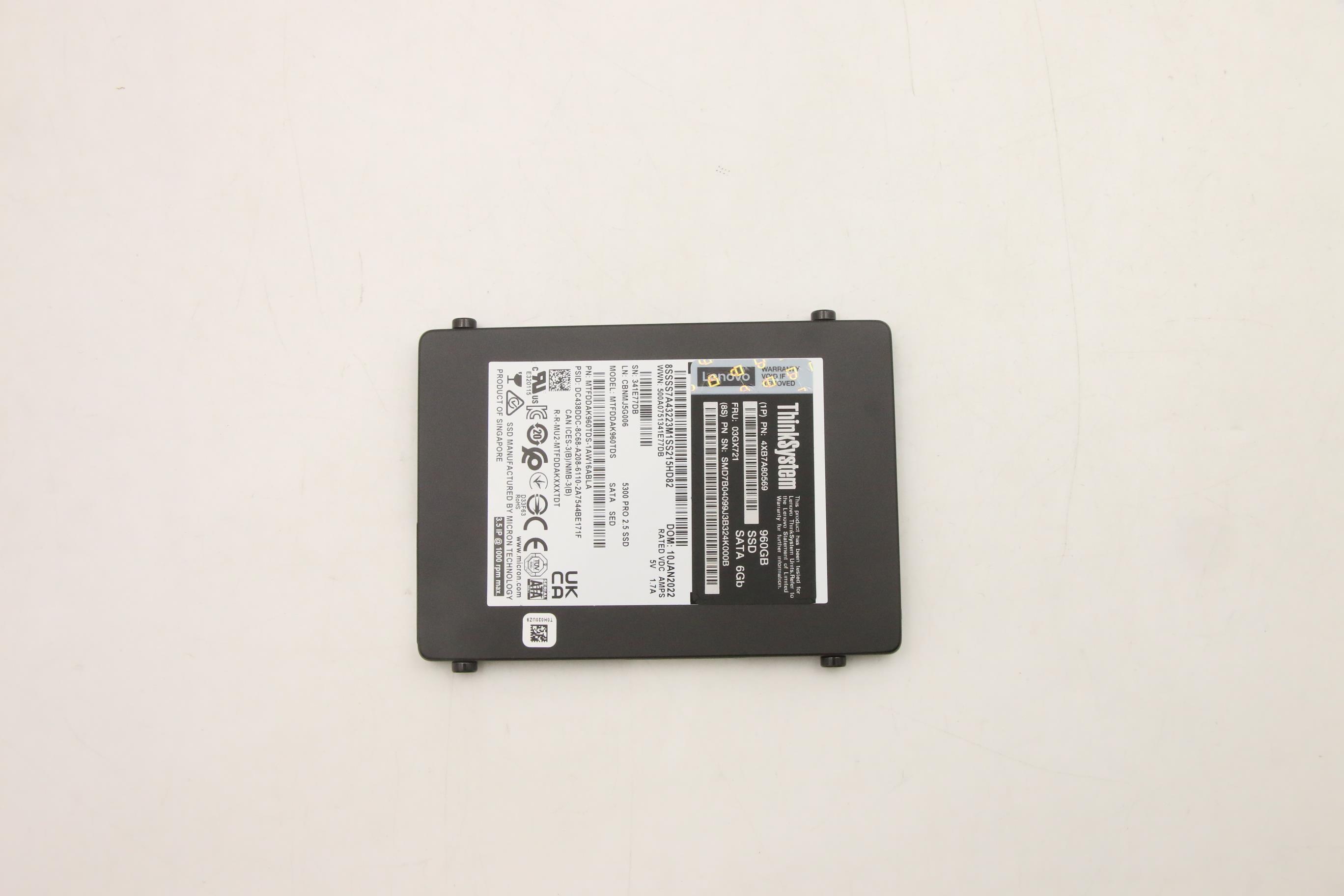 SSD накопитель Lenovo ThinkSystem 2.5" 5300 960GB Entry SATA 6Gb Trayless SSD SED (03GX721)