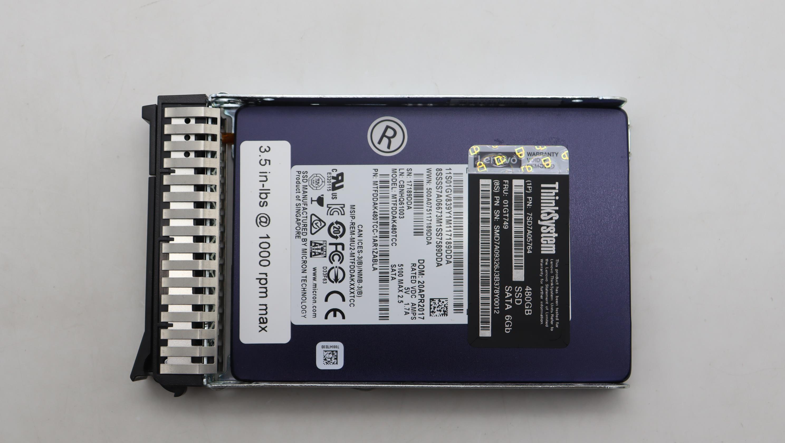 SSD накопитель Lenovo ThinkSystem 2.5" 5100 480GB Mainstream SATA 6Gb Hot Swap SSD (01GT749)