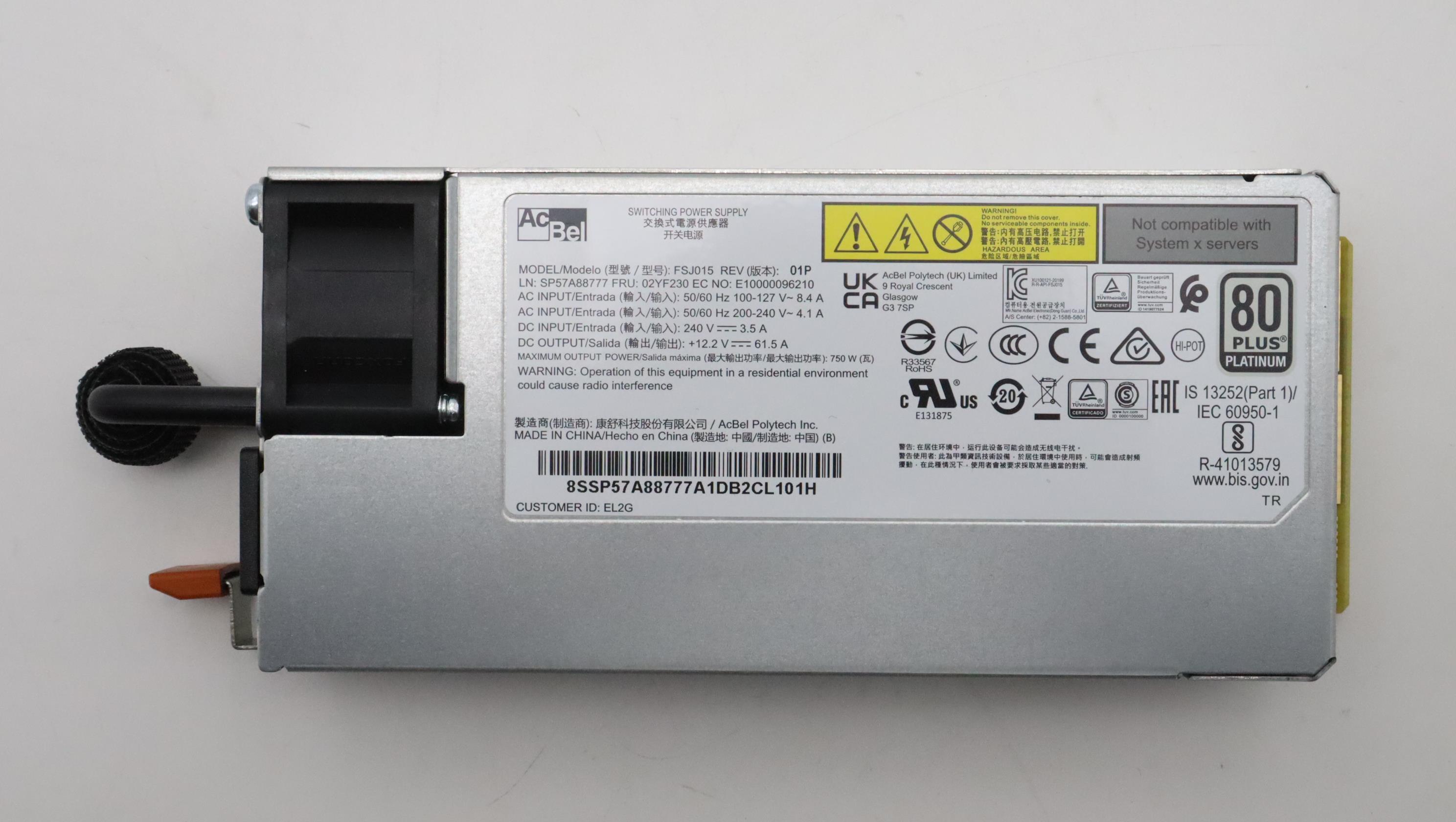 Блок питания Lenovo Power Supply Acbel 750W 230Vac/115Vac AC Hot Swap (02YF230)
