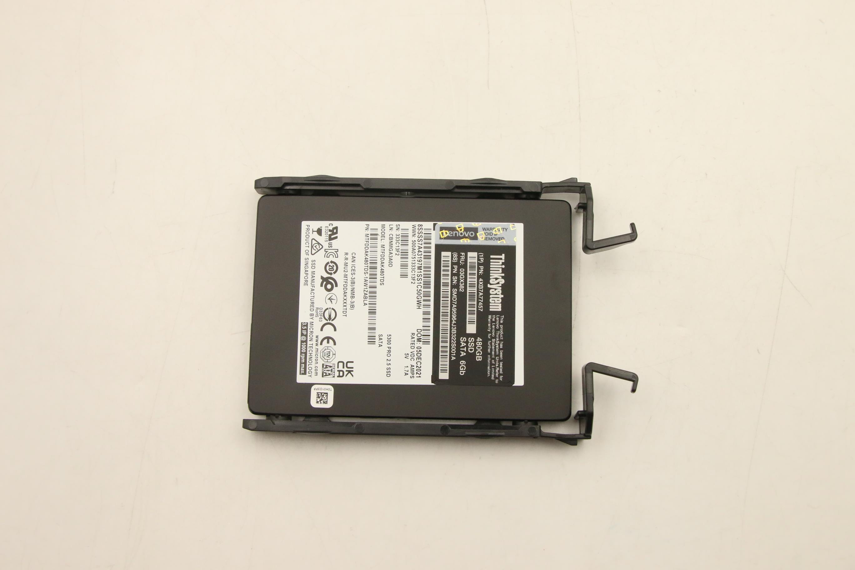 SSD накопитель Micron SSD Assembly, MICRON, 5300, SATA-III, 2.5" 480GB, 6.0Gbps, NHS, self encrypting drive with tray (03GX382)