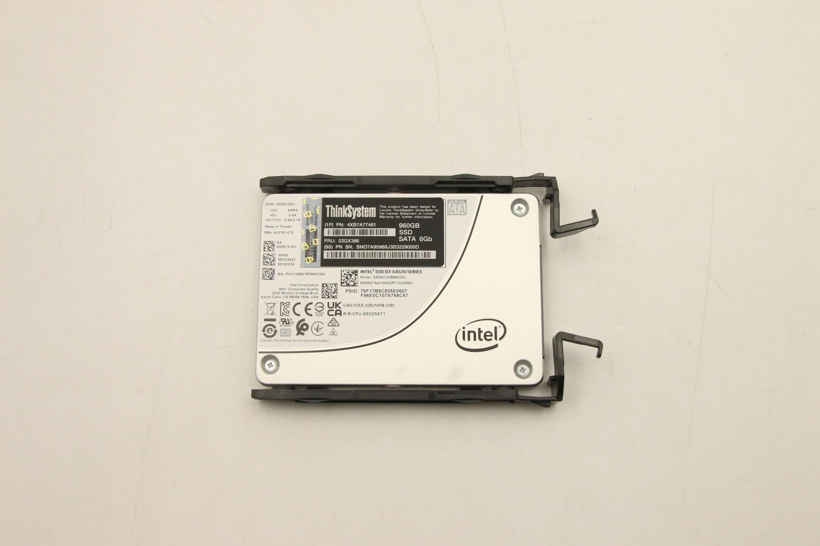 SSD накопитель SSD Assembly, INTEL, S4520, SATA-III, 2.5" 960GB, 6.0Gbps, NHS, self encrypting drive with tray (03GX386)