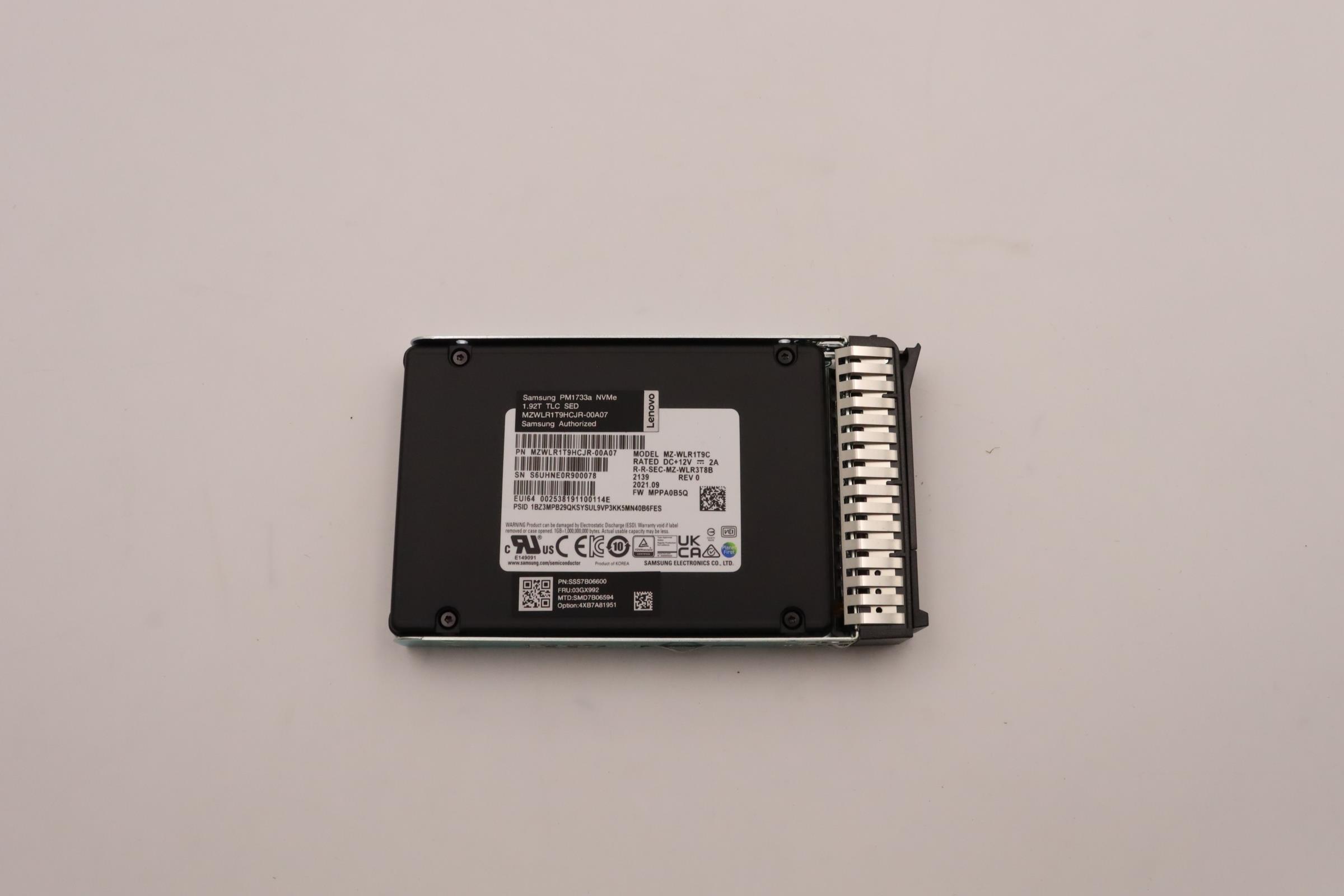 SSD накопитель Lenovo ThinkSystem 2.5" U.3 PM1733a 1.92TB Read Intensive NVMe PCIe 4.0 x4 HS SSD SED (03GX992)