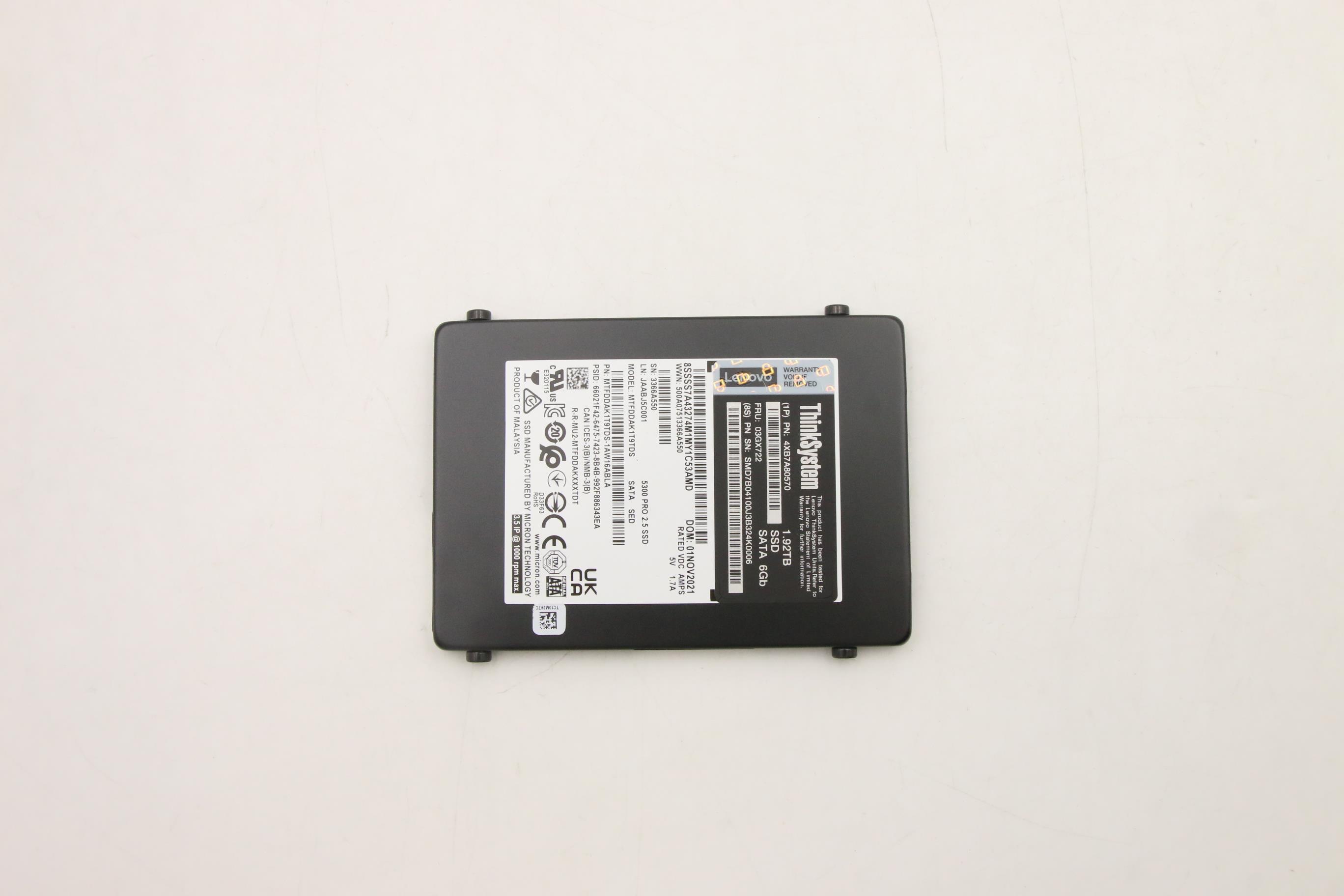 SSD накопитель Lenovo ThinkSystem 2.5" 5300 1.92TB Entry SATA 6Gb Trayless SSD SED (03GX722)