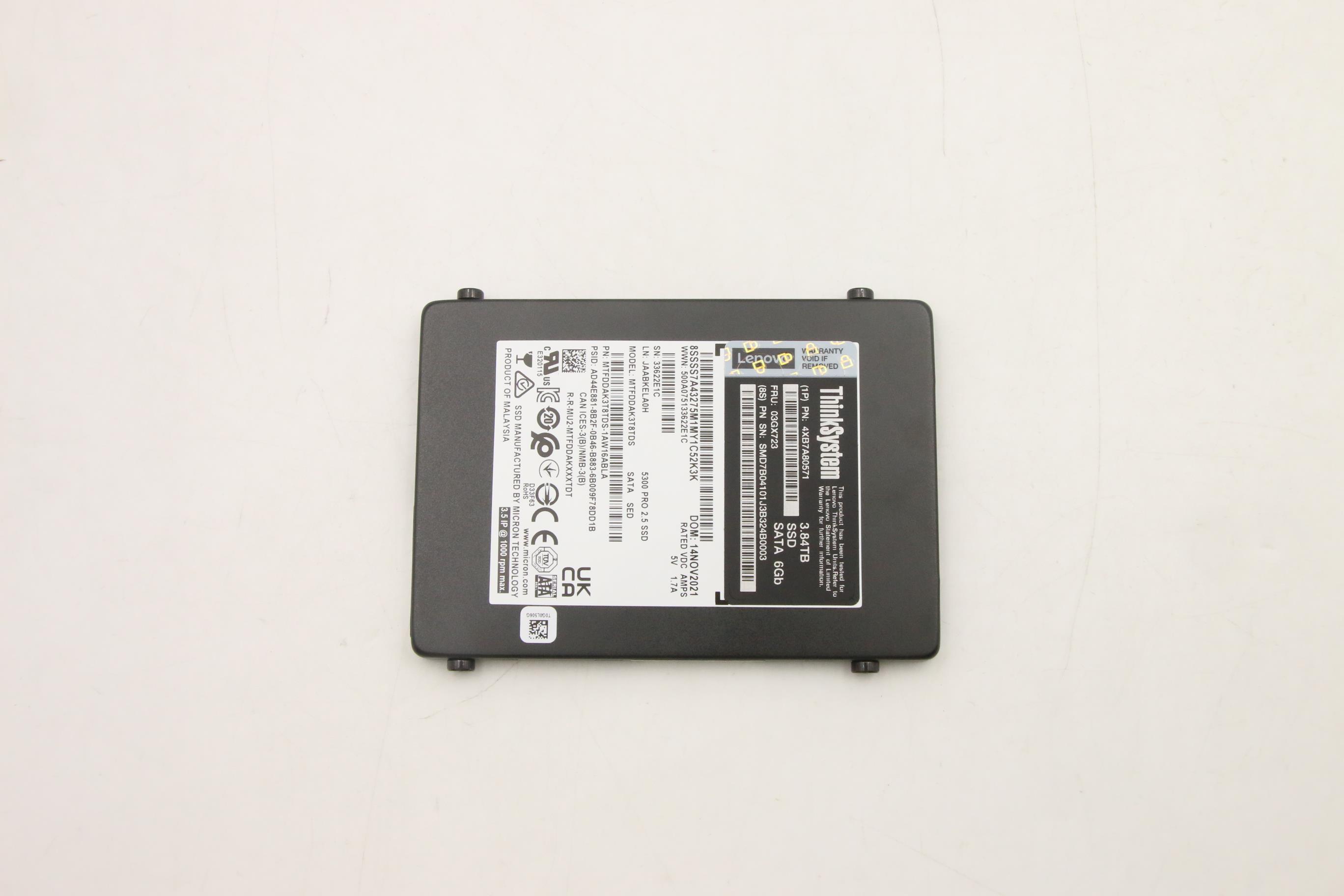 SSD накопитель Lenovo ThinkSystem 2.5" 5300 3.84TB Entry SATA 6Gb Trayless SSD SED (03GX723)