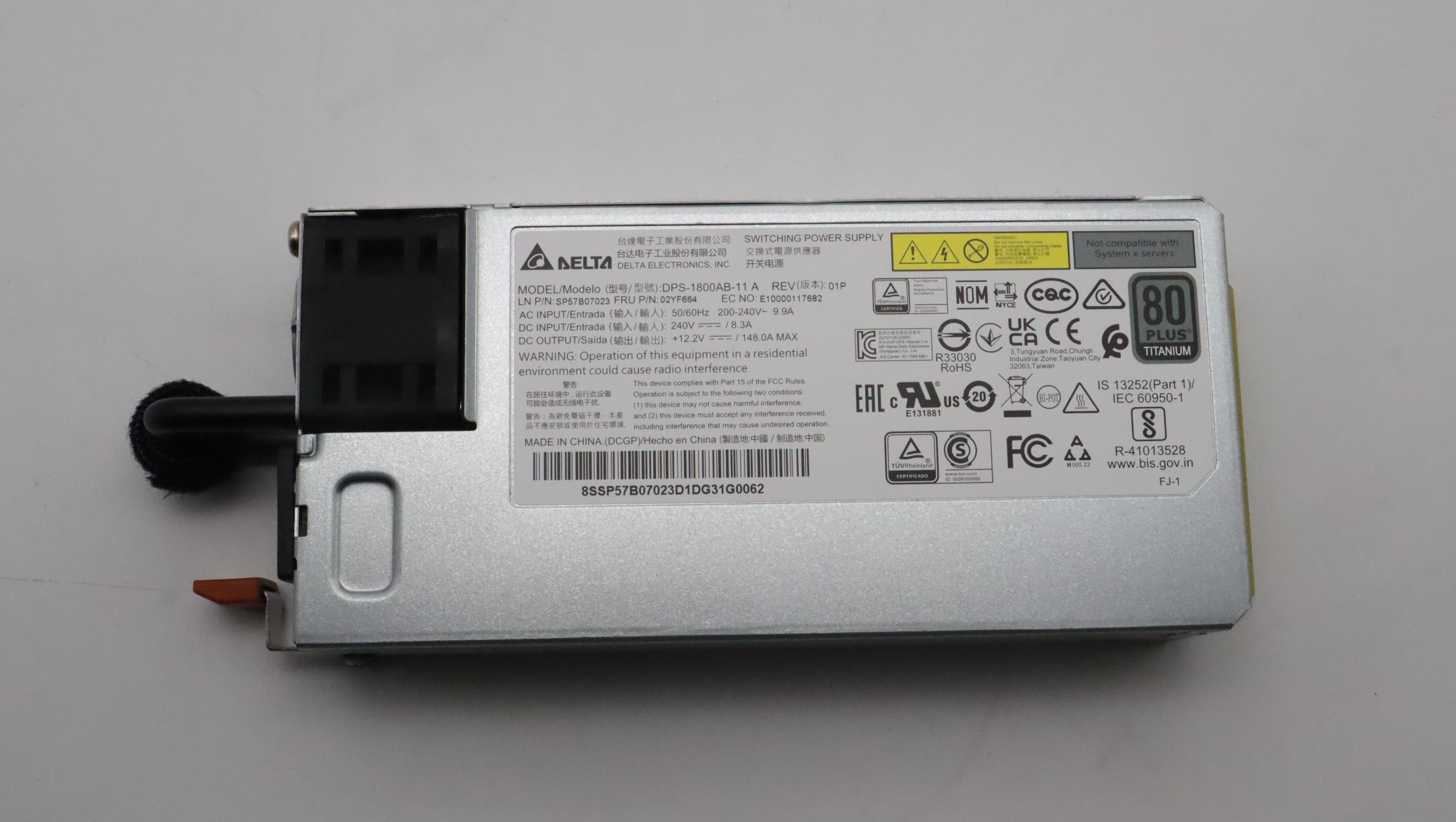 Блок питания Lenovo Power Supply Delta 1800W 230Vac AC Hot Swap (02YF664)