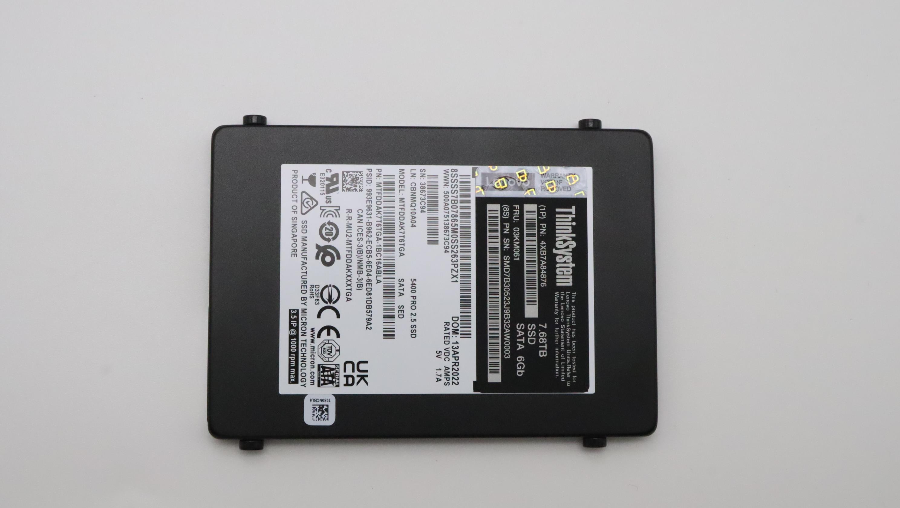SSD накопитель Lenovo ThinkSystem 2.5" 7mm 5400 PRO 7.68TB Read Intensive SATA 6Gb Trayless SSD (03KM061)