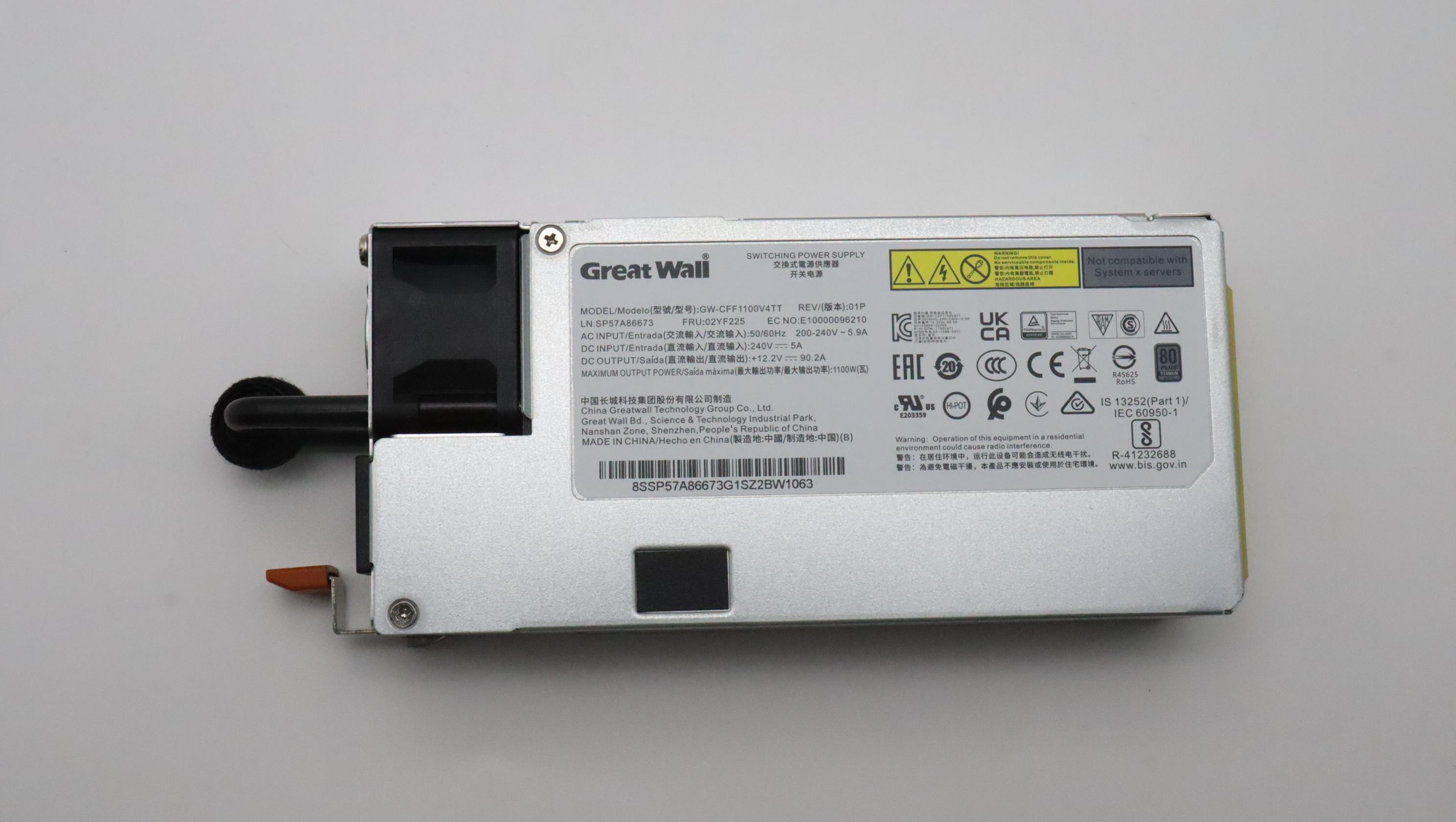 Блок питания Lenovo Power Supply GreatWall 1100W 230Vac AC Hot Swap (02YF225)
