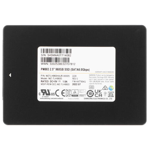 Samsung Enterprise SSD, 2.5"(SFF), PM883, 960GB, SATA 3.3, 6Gbps, R550/W520Mb/s, IOPS(R4K) 98000/28000, TLC, MTBF 2M, 1.3DWPD