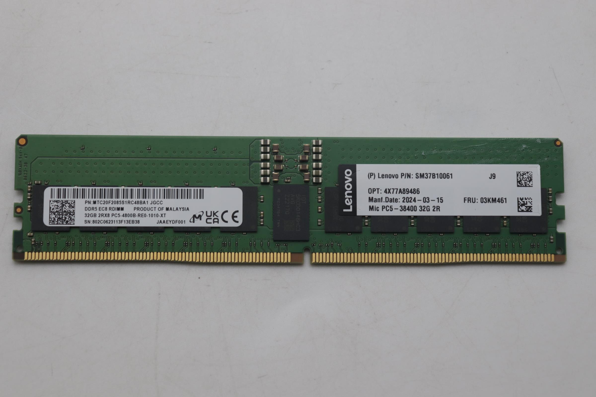 Оперативная память Micron 32G MTC20F2085S1RC48BA1 2RX8 DDR5-4800 16Gbit RDIMM Y32A (03KM461)