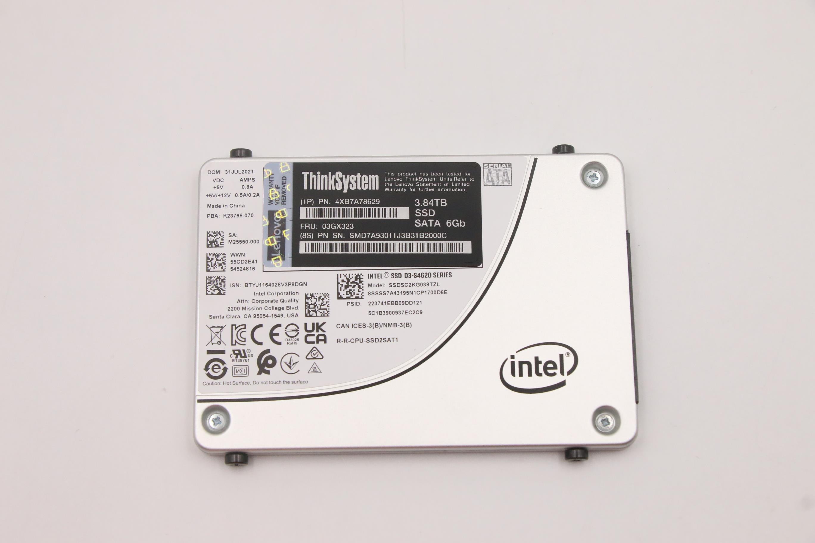 SSD накопитель Lenovo ThinkSystem 2.5" 7mm S4620 3.84TB Mixed Use SATA 6Gb Trayless SSD (03GX323)