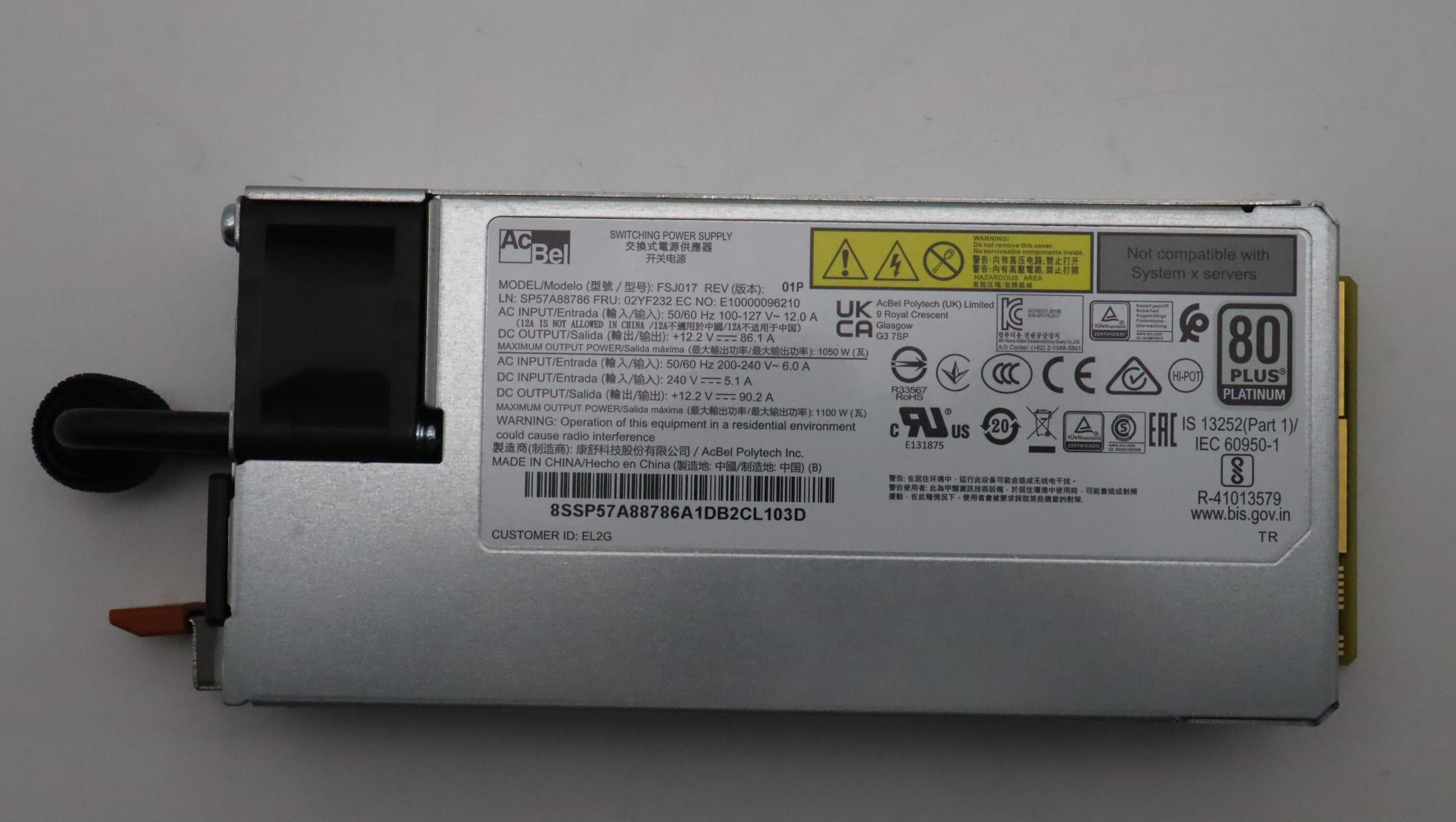 Блок питания Lenovo Power Supply Acbel 1100W 230Vac/115Vac AC Hot Swap (02YF232)