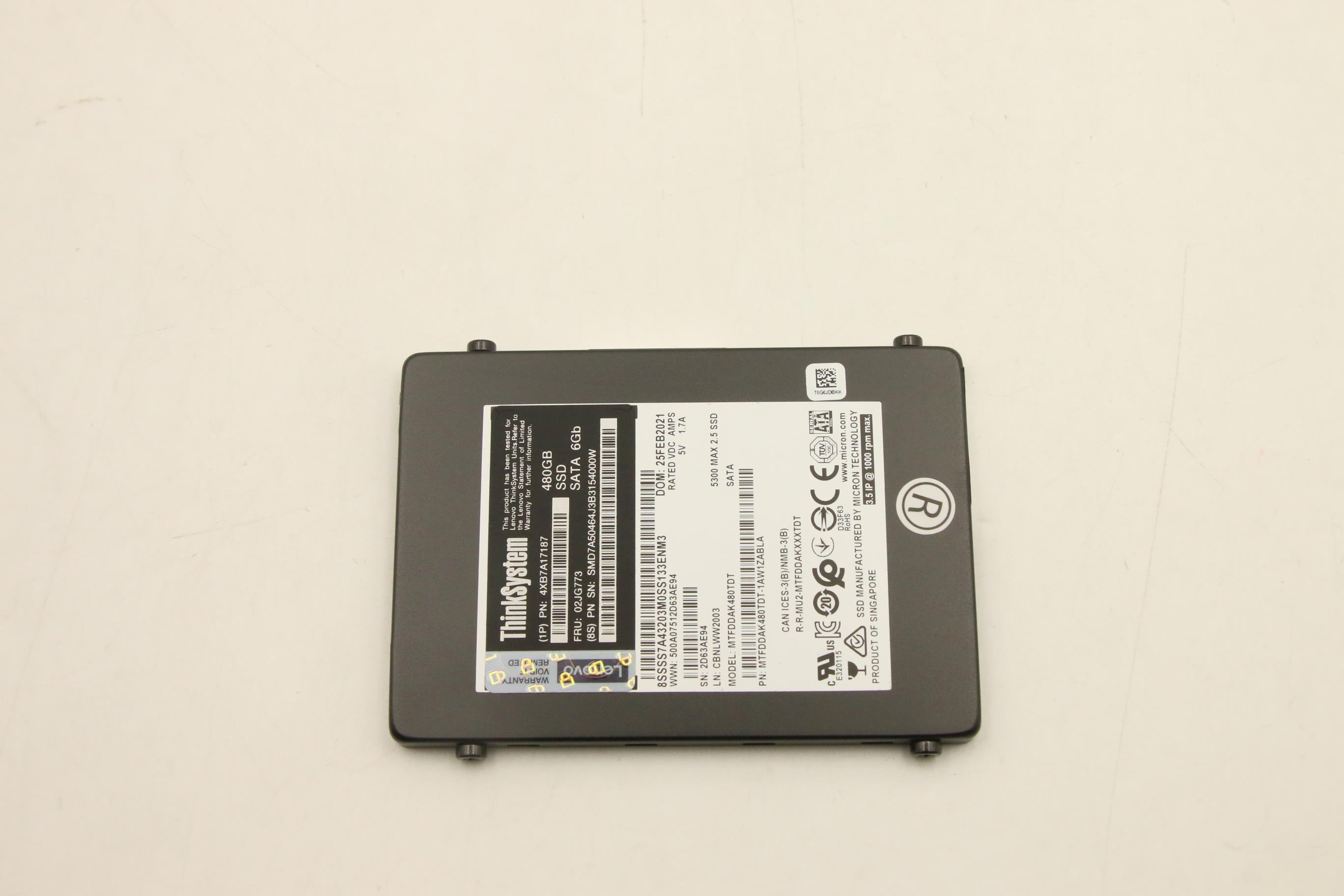 SSD накопитель Lenovo ThinkSystem 7mm 2.5" 5300 480GB Mainstream SATA 6Gb SSD MTD,Silver Surfer (02JG773)