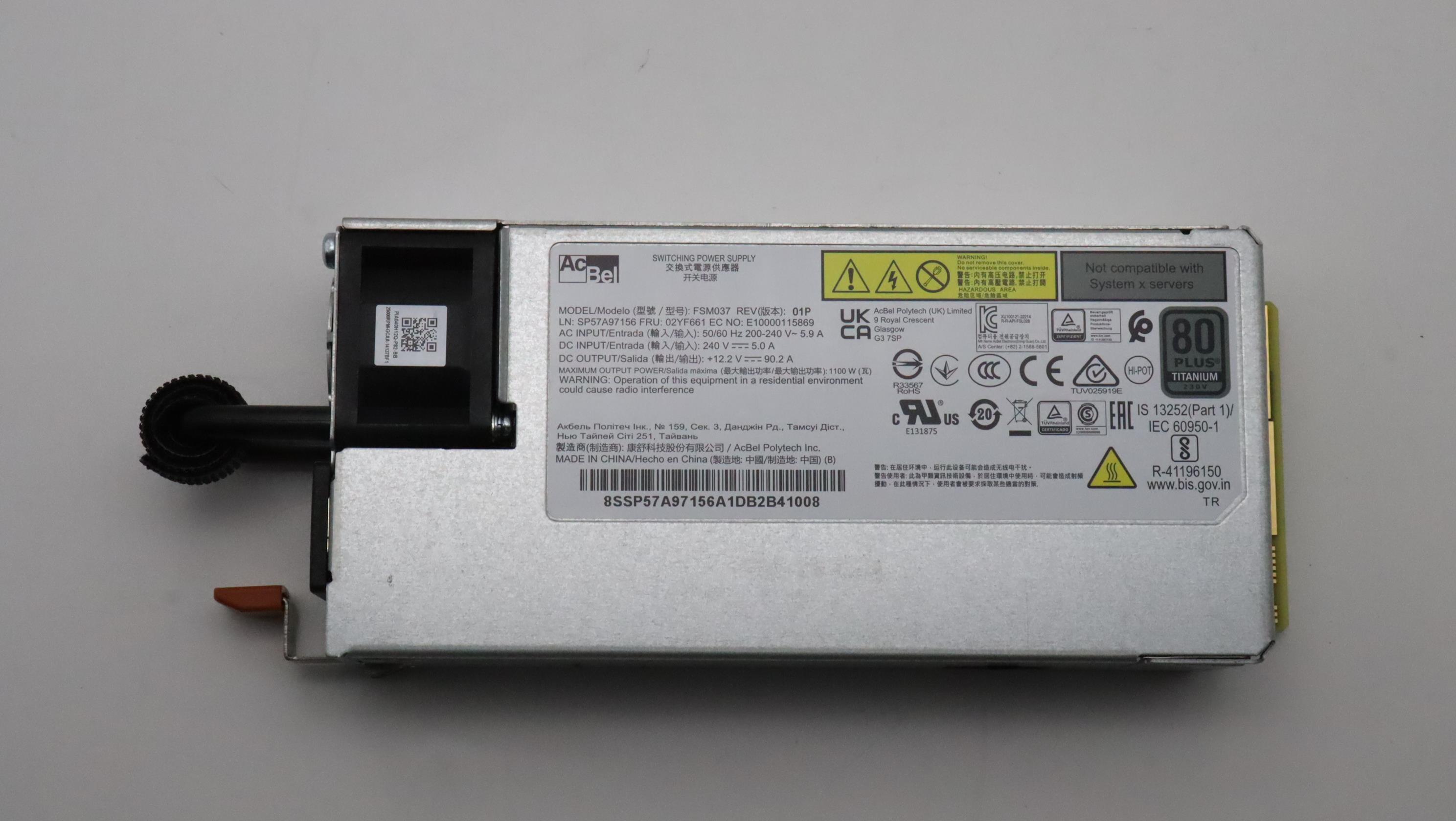 Блок питания Lenovo Power Supply AcBel 1100W 230Vac AC Hot Swap (02YF661)