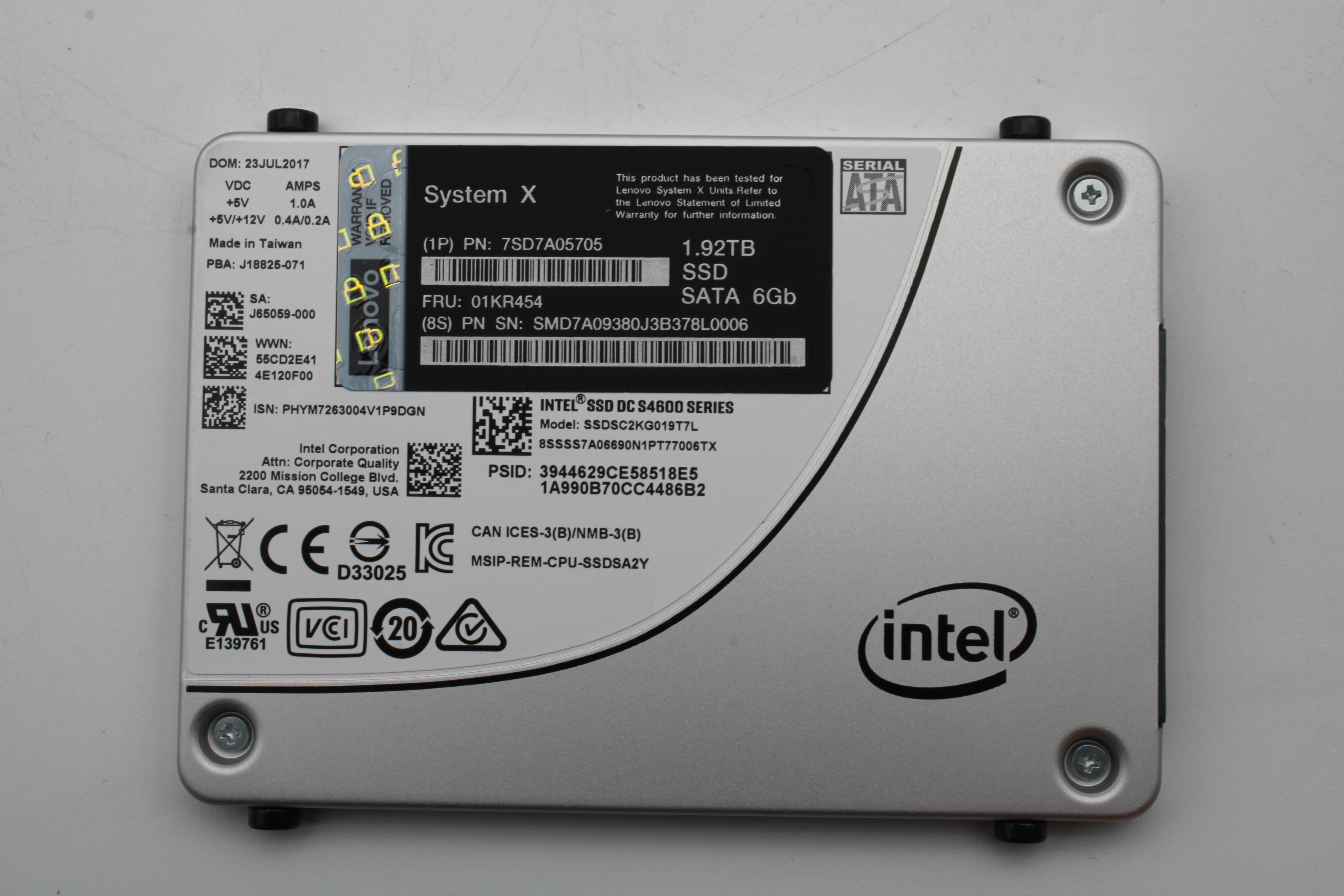 SSD накопитель Intel S4600 1.92TB Enterprise Mainstream SATA 2.5" SSD for NeXtScale FRU (01KR454)