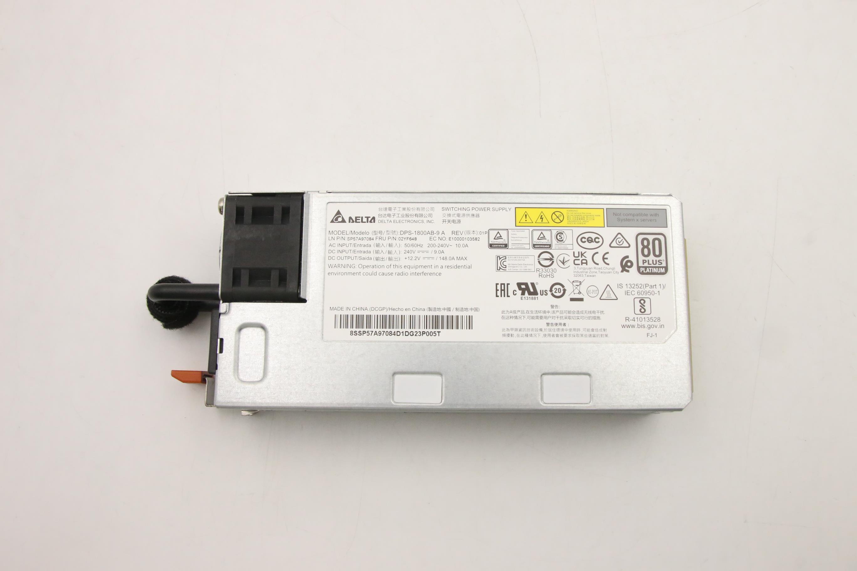 Блок питания Lenovo Power Supply Delta 1800W 230Vac AC Hot Swap (02YF648)