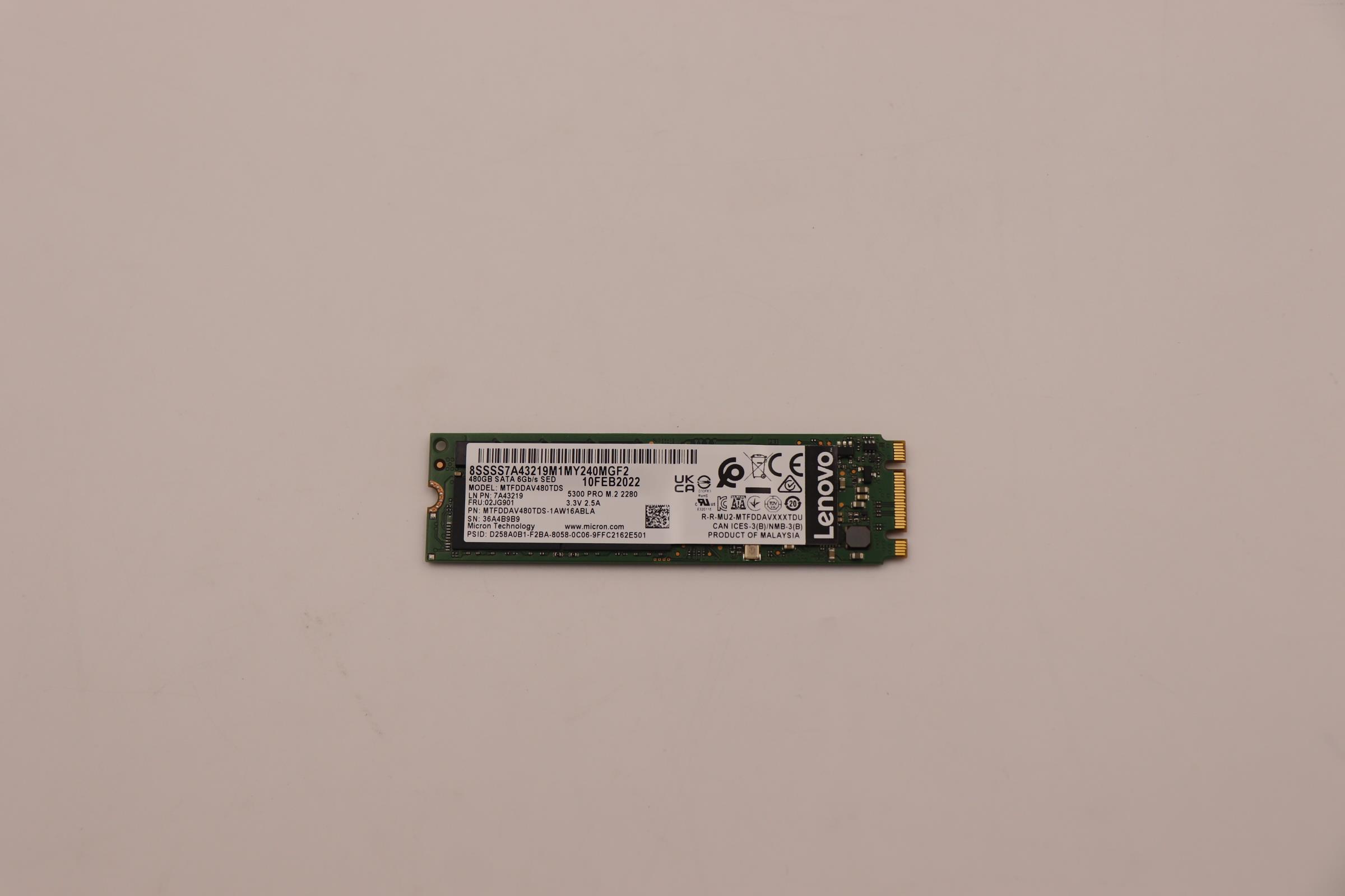 SSD накопитель Lenovo ThinkSystem M.2 5300 480GB SATA 6Gbps Non-Hot Swap SED SSD (02JG901)