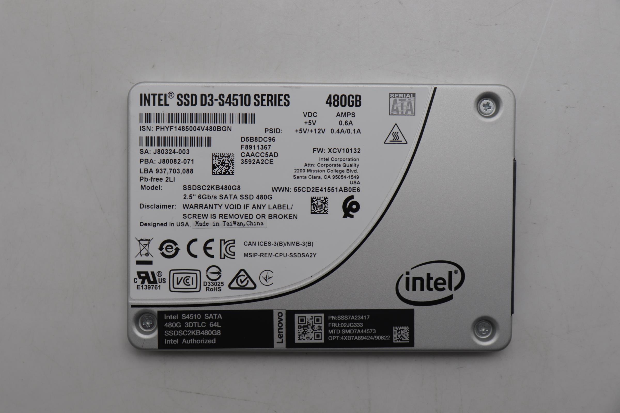 SSD накопитель Lenovo Int S4510 2.5 480G SATA 3D TLC SSD /o Tray for IPDC (02JG333)