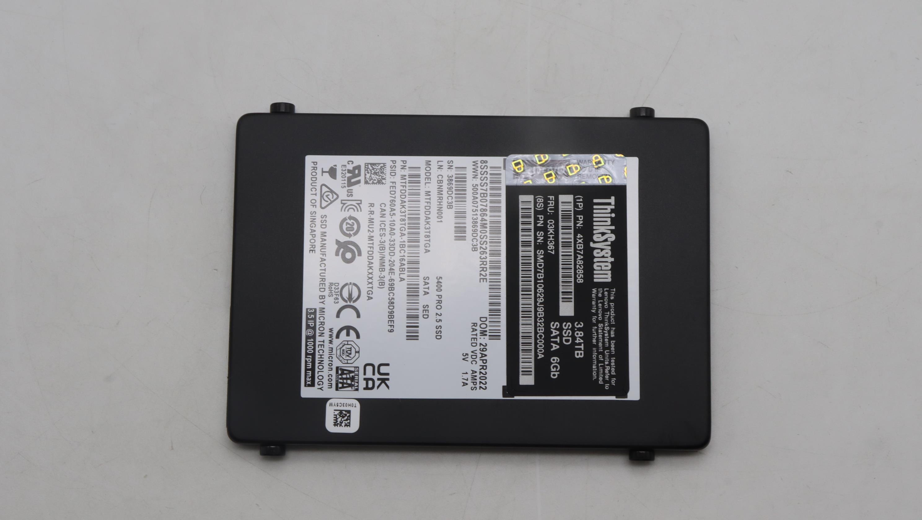 SSD накопитель Lenovo ThinkSystem 2.5" 7mm 5400 PRO 3.84TB Read Intensive SATA 6Gb Trayless SSD (03KH367)