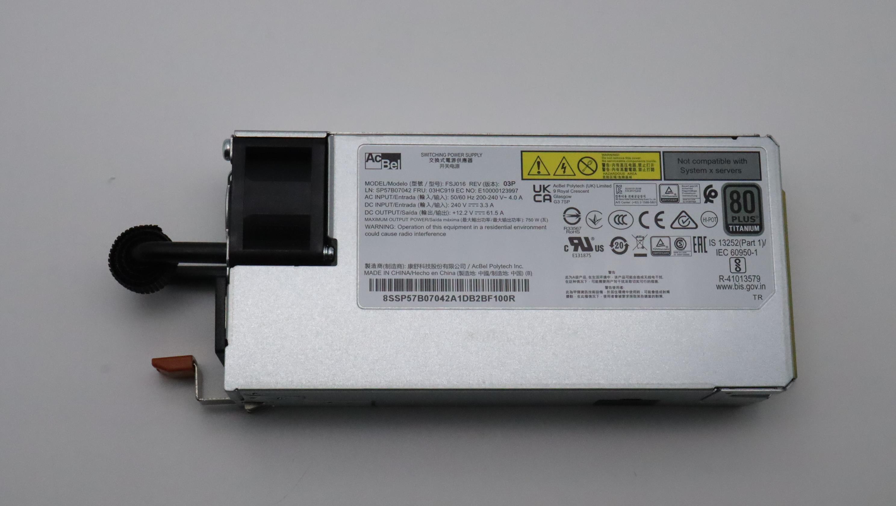 Блок питания Lenovo Power Supply Acbel 750W 230Vac AC Hot Swap (03HC919)