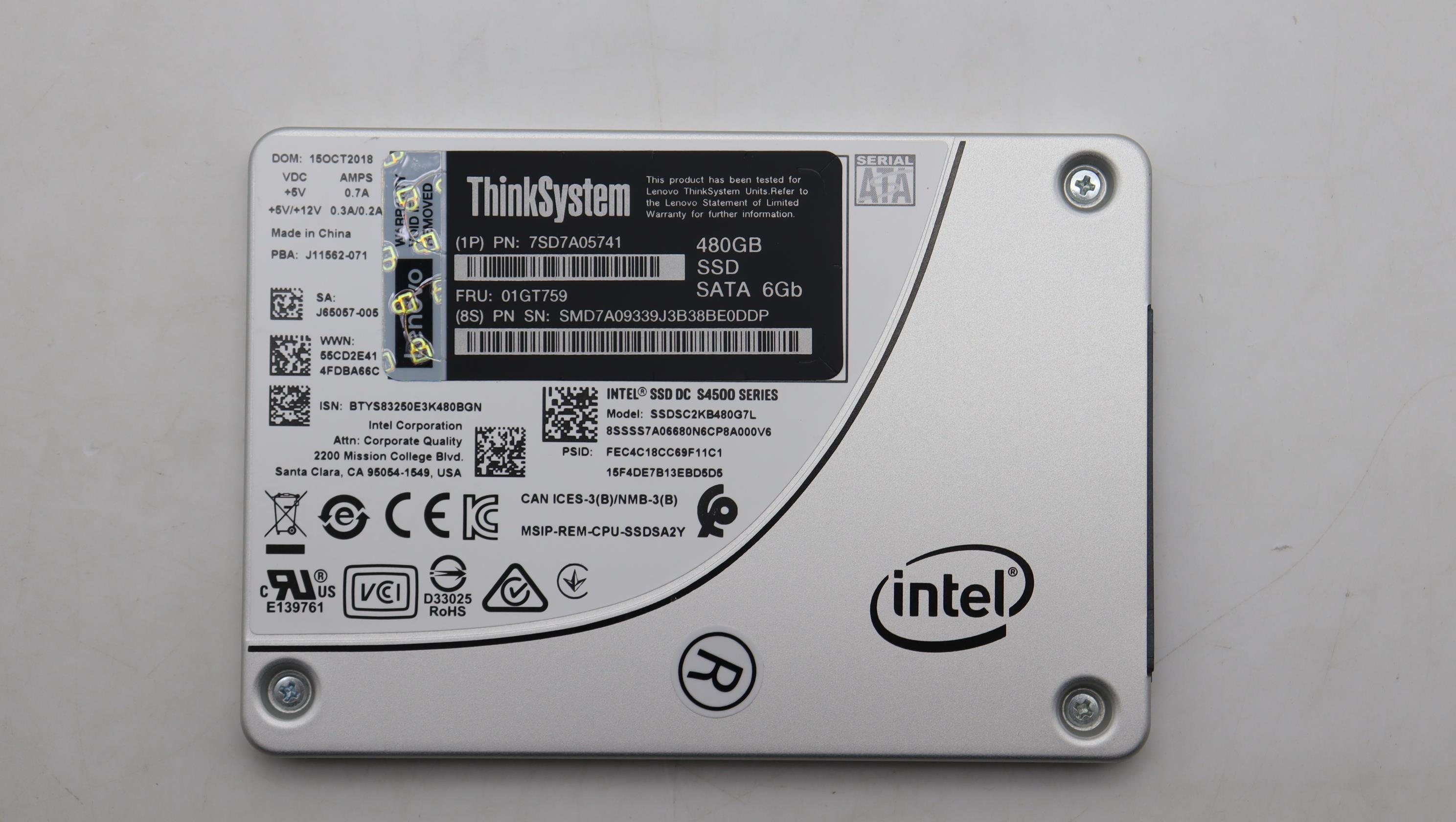 SSD накопитель ThinkSystem 2.5" Intel S4500 480GB Entry SATA 6Gb Hot Swap SSD (01GT759)