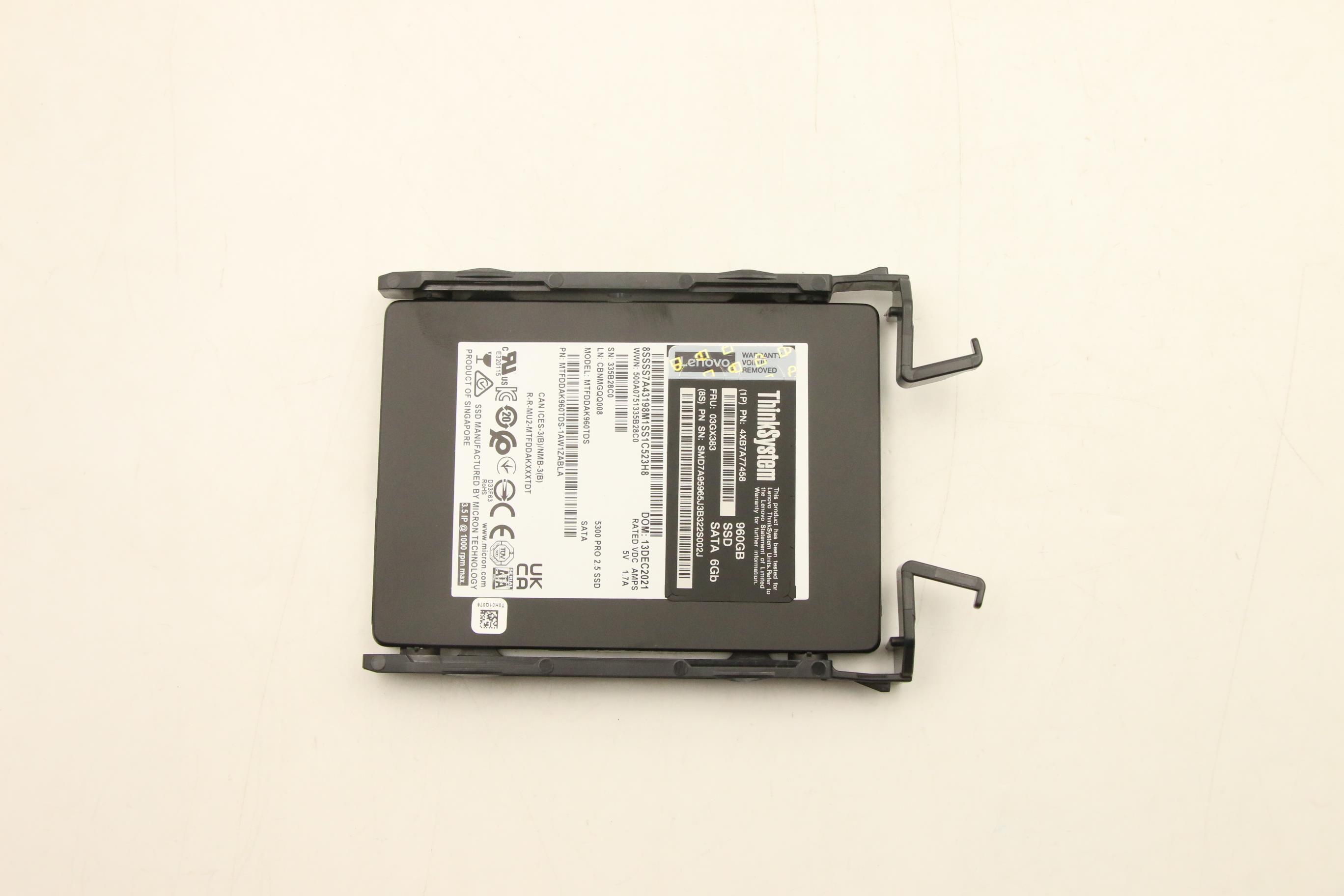 SSD накопитель Micron SSD Assembly, MICRON, 5300, SATA-III, 2.5" 960GB, 6.0Gbps, NHS, self encrypting drive with tray (03GX383)