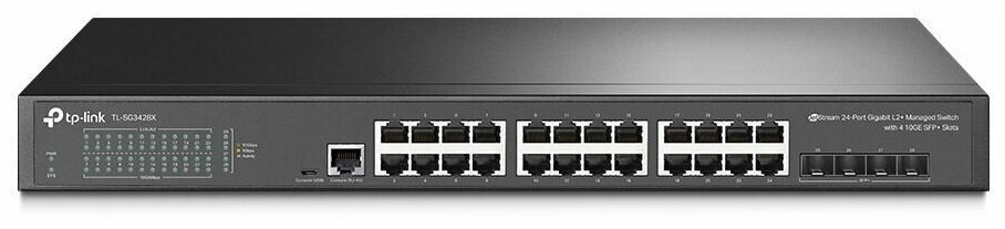 Коммутатор TP-LINK TL-SG3428X JetStream™ 24-port Pure-Gigabit L2+ Managed Switch, 24 10/100/1000Mbps RJ45, 4*10G SFP+ Slots
