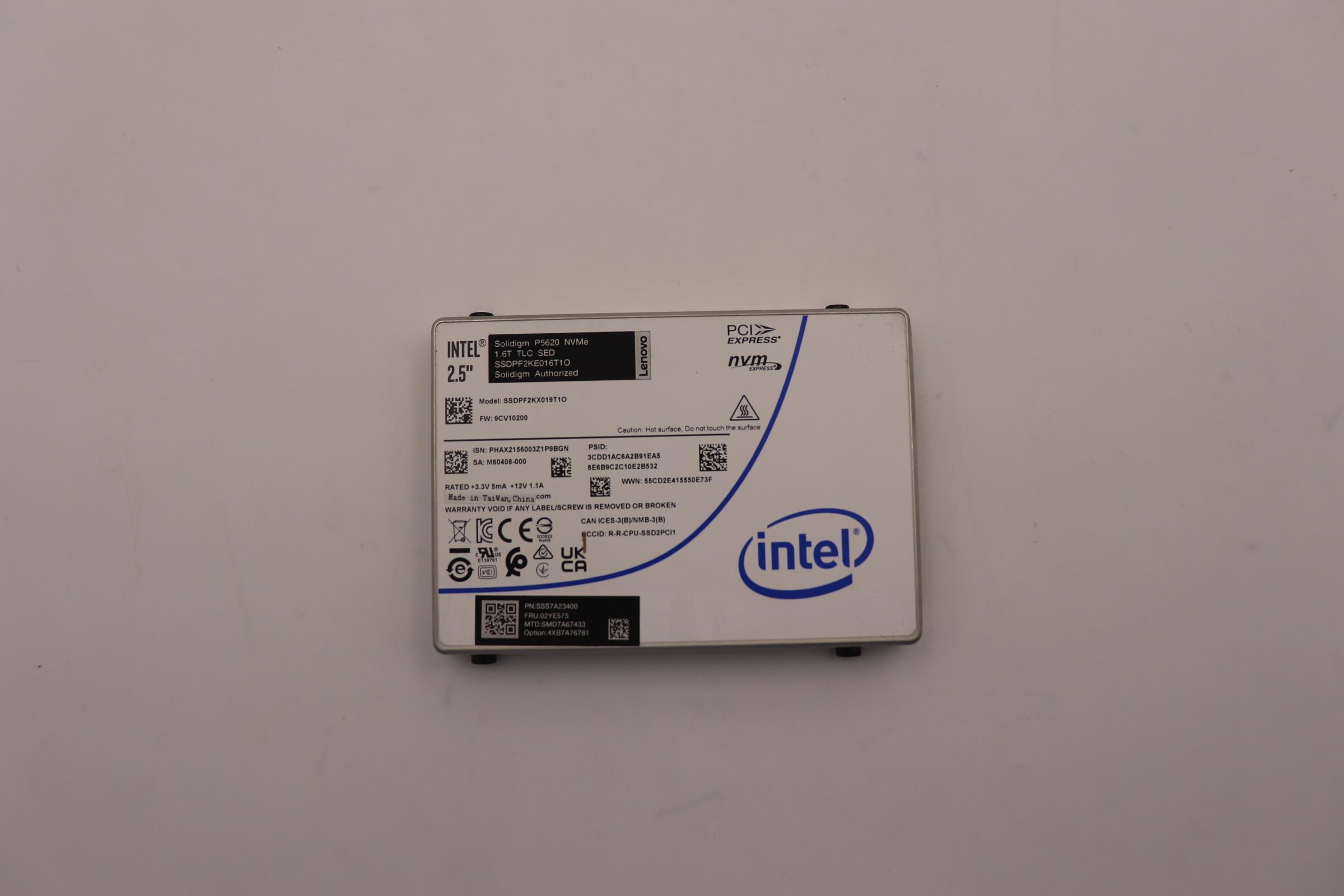 SSD накопитель Lenovo SSD Assembly, 2.5” 15mm U.2 P5620 1.6TB Mixed Use Mainstream NVMe PCIe 4.0 x4 Trayless SSD SED (02YE575)