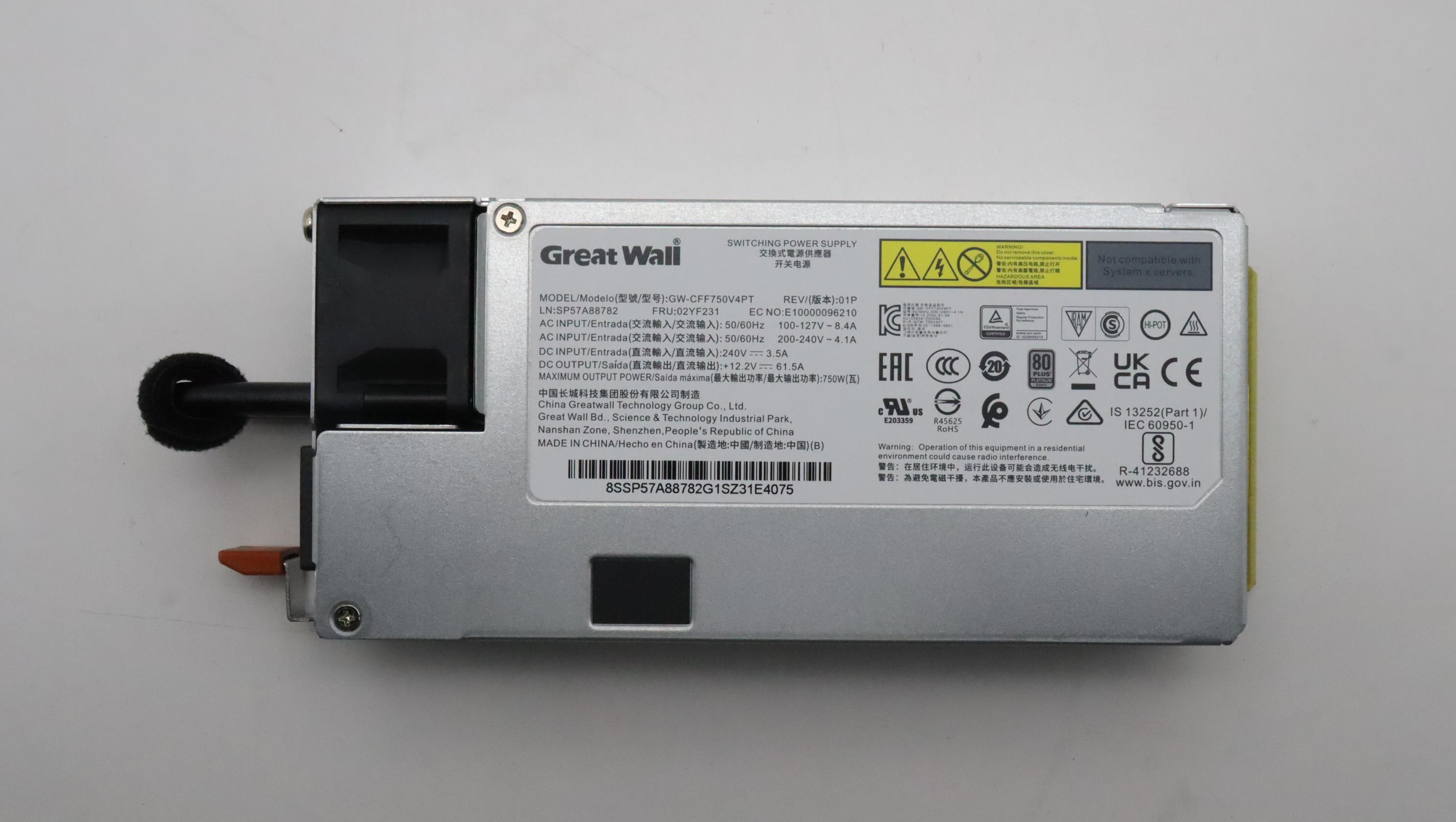 Блок питания Lenovo Power Supply GreatWall 750W 230Vac/115Vac AC Hot Swap (02YF231)