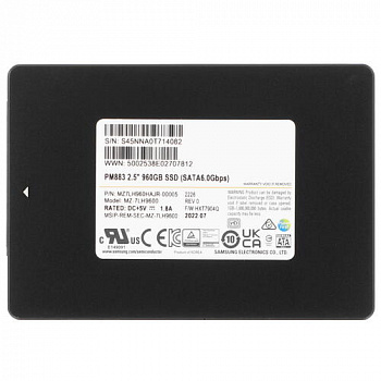 Samsung Enterprise SSD, 2.5"(SFF), PM883, 960GB, SATA 3.3, 6Gbps, R550/W520Mb/s, IOPS(R4K) 98000/28000, TLC, MTBF 2M, 1.3DWPD